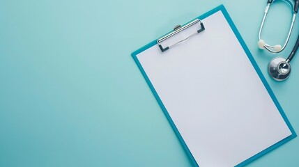 Stethoscope with medical clipboard on blue backdrop. medical banner template featuring mockup of the header and copy space. medical and healthcare concepts, Generative AI.