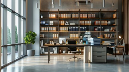 Modern office interior with organized shelving and file folders, creating a productive and tidy workspace environment