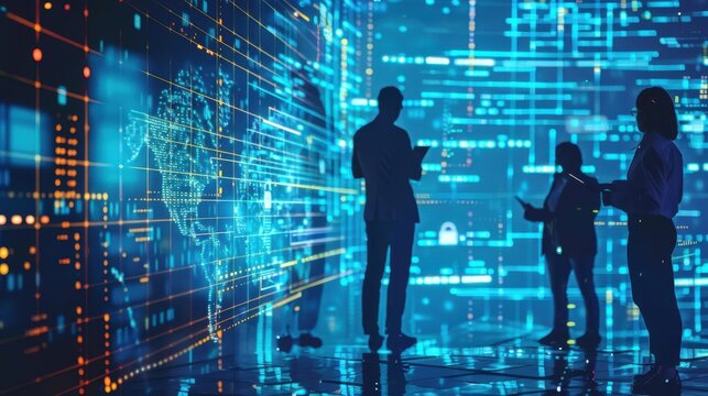 Business professionals using advanced analytics and AI tools to make data-driven decisions, representing the future of business intelligence.