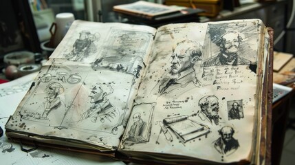 An opened sketchbook showcases detailed drawings and handwritten notes, revealing a glimpse into the artist's creative process and inspirations