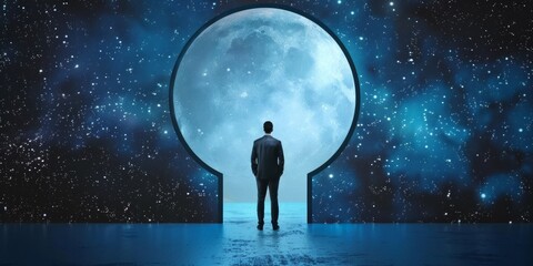 Fototapeta premium A Man Standing Before a Moon-Shaped Doorway