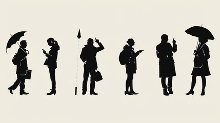 black silhouette illustrations showing people in different poses, including thinking, talking on the phone, pointing, holding an umbrella, and celebrating
