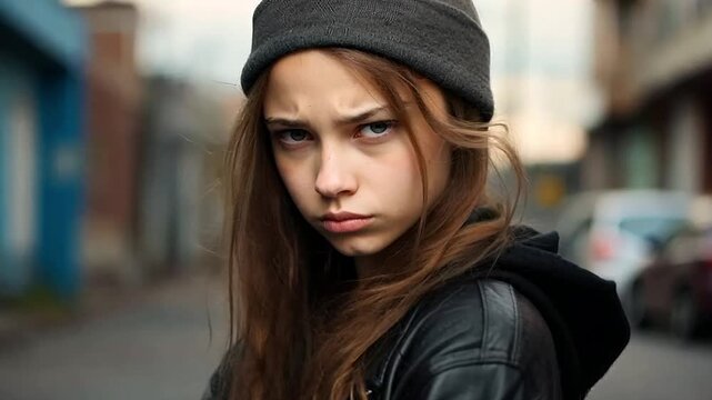 Young teen girl serious angry face on a street