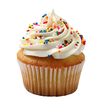 Delectable vanilla cupcake with sprinkles on transparent background