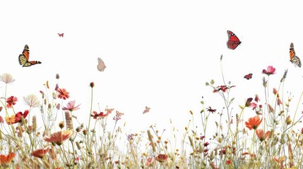 Delicate Wildflowers and Butterflies on a White Background.