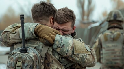 Soldiers embracing each other upon returning home, highlighting relief and camaraderie