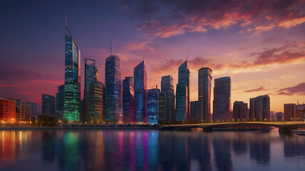 Fototapeta premium A background with a vibrant cityscape at twilight, highlighting modernity and dynamic energy.