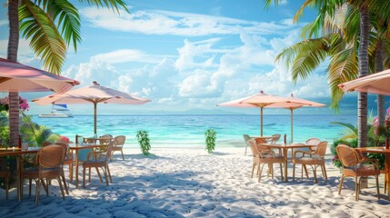 Ocean or sea sand beach restaurant or cafe with tables and chairs. Tropical island summer holiday or vacation resort food