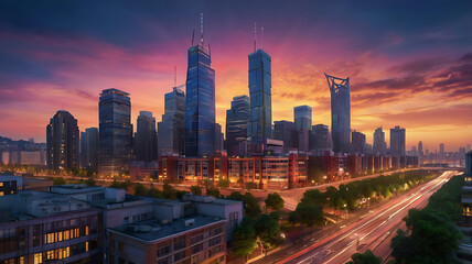 Naklejka premium A background with a vibrant cityscape at twilight, highlighting modernity and dynamic energy.