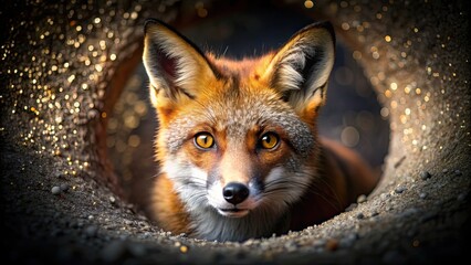 Fototapeta premium Close-up of a cunning fox emerging from the shadows, with sparkling eyes and shimmering red fur, fox, close-up, wildlife, nature