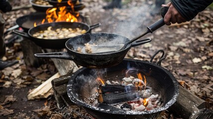 Cooking over an open fire.