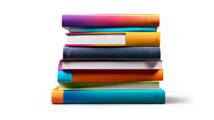 A front-facing 3D vector depiction of a stack of books with a red and blue color palette, set against a white backdrop.
