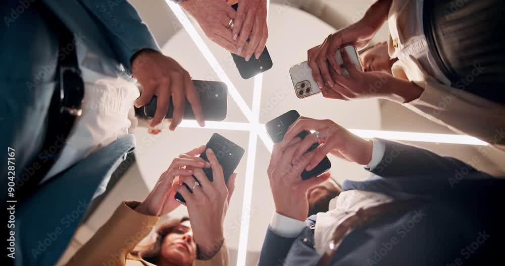 Aufkleber Business, people and smartphone from below in office for communication and networking. Employees, technology and circle for social media on internet or website for research, connection and share data