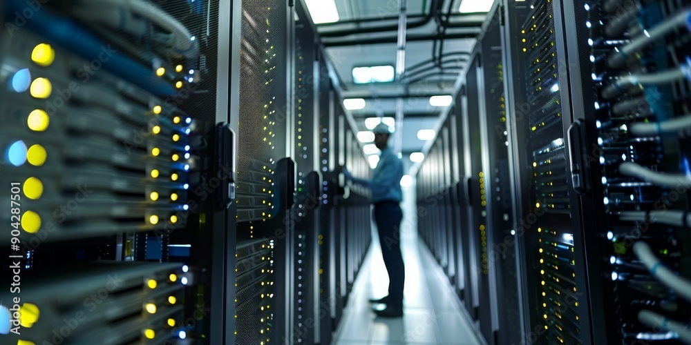 Fototapete technicians performing maintenance on a large server rack in a data center, focusing on cloud techno