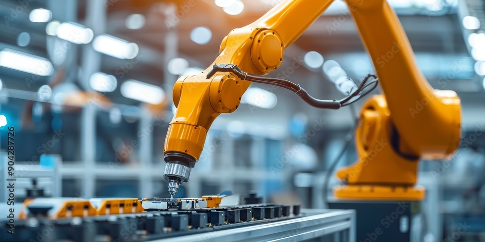 Fototapete a close-up of a robotic arm assembling electronic components in a modern factory, showcasing automat