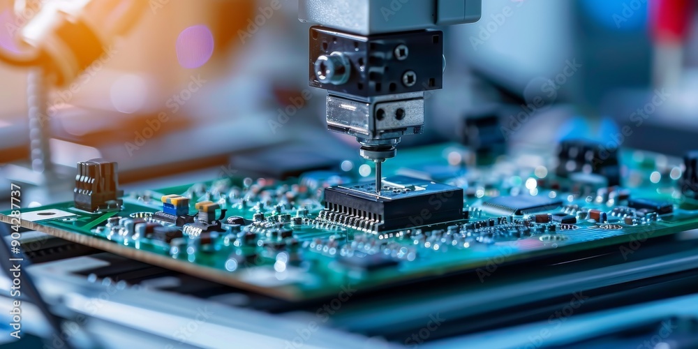 Aufkleber A close-up of a robotic arm assembling electronic components in a modern factory, showcasing automation in technology development