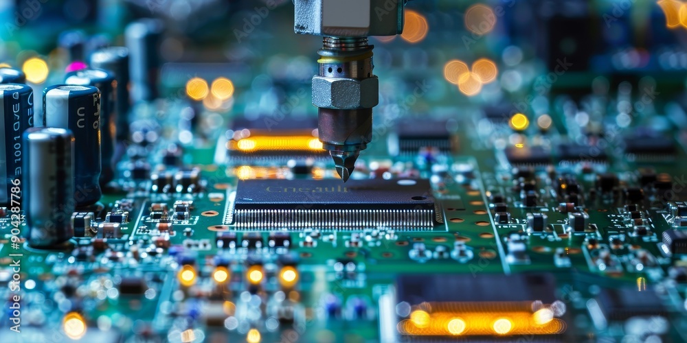 Poster A close-up of a robotic arm assembling electronic components in a modern factory, showcasing automation in technology development