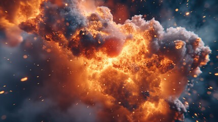 Fiery explosion captured mid-burst, showcasing intense flames, billowing smoke, and flying sparks in dramatic contrast against dark background.