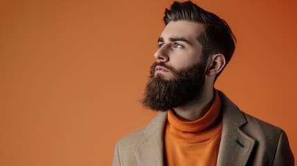 Fototapeta premium an image of a sophisticated bearded guy in fashionable clothes, with a confident expression, against an orange background that signifies warmth and energy
