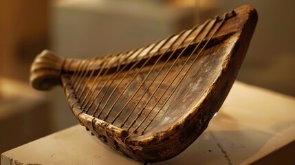 Fototapeta premium An ancient Greek lyre is showcased, featuring perfectly preserved strings, reflecting the artistry of its time