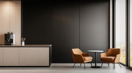 A stylish break room in a startup office, with a ping-pong table, coffee machine, and comfortable seating