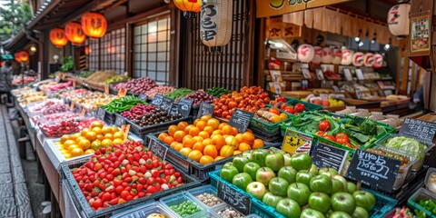 Obraz premium Vibrant Fruits and Vegetables on Display in a Japanese Market