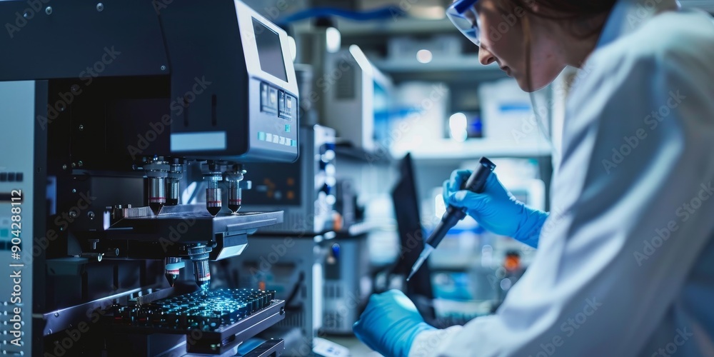 Fototapete A scientist adjusting settings on a gene editing machine in a biotech lab, emphasizing genetic technology development