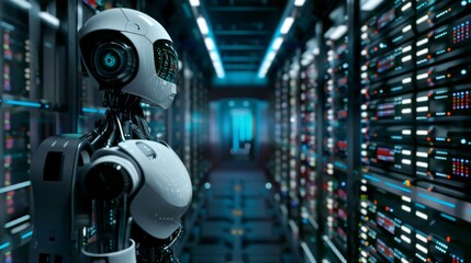 Fototapeta premium Rear back view of AI artificial intelligence robot standing in data center with racks. Futuristic technology internet information