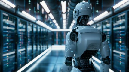 Fototapeta premium Rear back view of AI artificial intelligence robot standing in data center with racks. Futuristic technology internet information