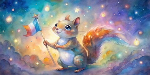 Obraz premium Adorable squirrel proudly grasps colorful national flag amidst warm, blurred lights, epitomizing joyful, patriotic spirit of freedom and independence on a special day.