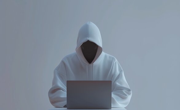 Mysterious Person in White Hoodie Using Laptop for Online Activity in Minimalist Setting