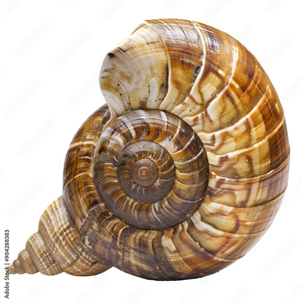 Poster Macro photography of spiral brown snail shell on transparent background