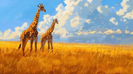 Fototapeta premium Giraffes in a field of tall grass under a blue sky with clouds.
