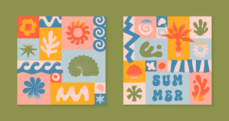 Fototapeta premium Vector summer illustrations with nature organic shapes,doodles.Groovy boho palm,beach,surf,waves,sun,seashells graphic symbols and elements.Summer vacation backgrounds in simple funny style.