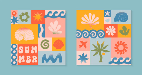 Vector summer illustrations with nature organic shapes,doodles.Groovy boho palm,beach,surf,waves,sun,seashells graphic symbols and elements.Summer vacation backgrounds in simple funny style.