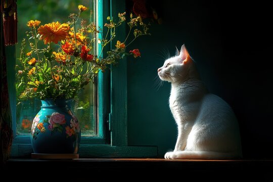 31072045 09 9. A serene image of a white cat sitting by a window, with sunlight streaming in and International Cat Day written in elegant scrip