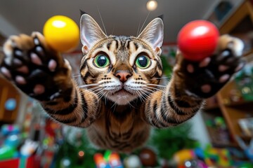 31072045 11 11. A detailed shot of a Bengal cat jumping in mid-air to catch a toy, with a festive backdrop celebrating cats 