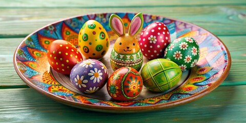 Vibrant colorful hand-painted Easter eggs displayed on decorative bunny-shaped plate AI-Created Content