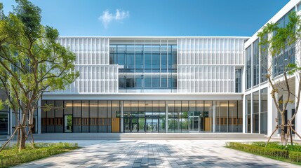 A large building with a lot of windows and a lot of people walking around. Scene is lively and bustling