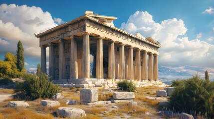 Obraz premium Tall ancient Greek temple ruins stand majestically, surrounded by greenery against a vibrant sky with scattered clouds, showcasing historical architecture and nature