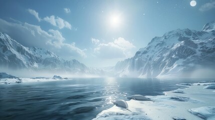 Fototapeta premium Two seals resting on the icy shore of a frozen lake surrounded by snowy mountains.