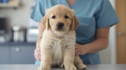 Golden retriever puppy sitting on a table at the vet's office, looking forward with an innocent and curious expression.