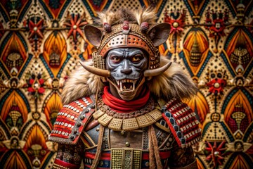 Fierce African tribe warrior's hyena mask and samurai armor stands imposingly against a vibrant tribal wallpaper background, exuding ancient mystique and untamed ferocity.