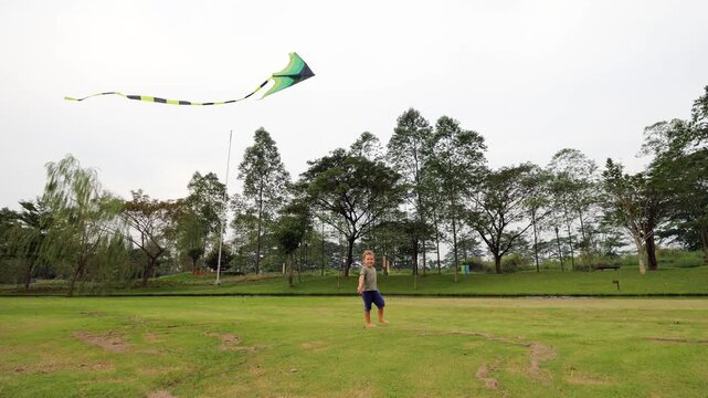 Young child slows down and starts walking with kite on short string. Kite descends and nosedives, landing near him, slow motion shot. Little boy's face lights up with joy and delight