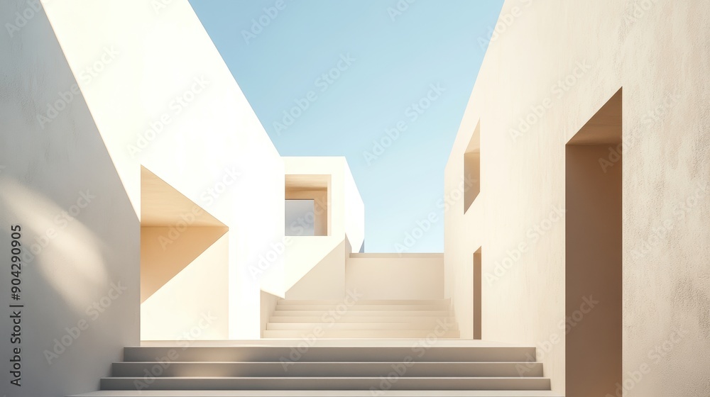 Wall mural white minimalist architecture with steps and open sky creating a serene and clean environment.