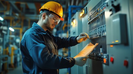 Industrial technician in safety gear inspecting control panel in factory setting, ensuring proper functioning of electrical systems.