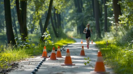 Beginner Racewalker Practicing on Scenic Trail with Orange Cones for Technique Improvement