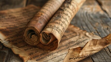 An ancient scroll featuring Hebrew text is carefully unrolled, revealing time-worn writing on aged parchment, resting on a weathered wooden surface