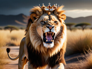 AI-generated image of roaring lion with amber crown on its head