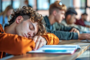 A candid image of a student asleep at their desk while classmates are engaged in studying 